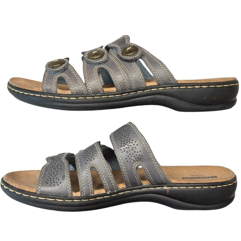 Clarks Soft Cushioned Leisa Taupe Leather Strap SlipOn Sandals Sz 9.5 Adjustable - Picture 7 of 10